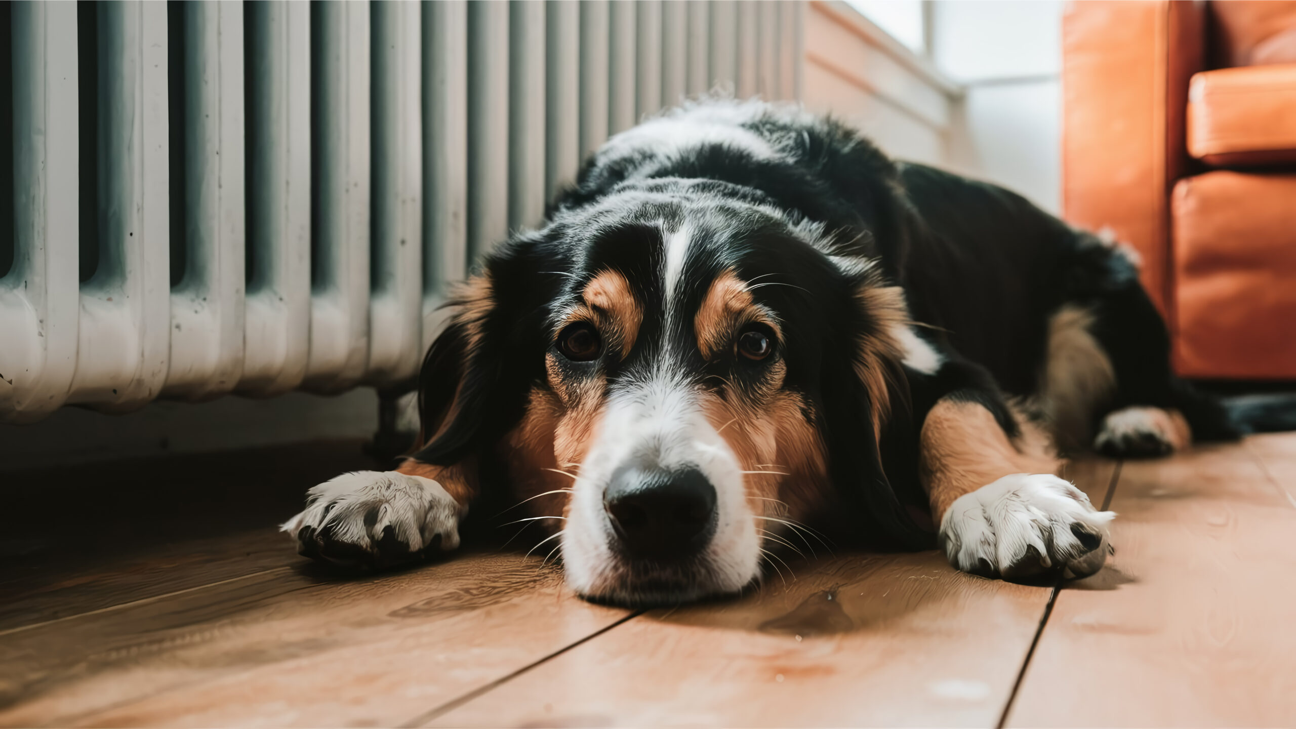 The Dog Rests On The Wooden Floor Next To A Warm Radiator.